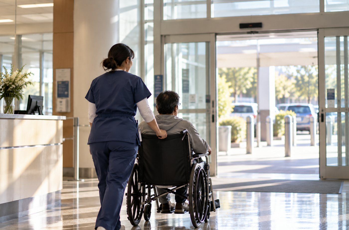A nurse wheeling a patient toward the hospital exit at discharge