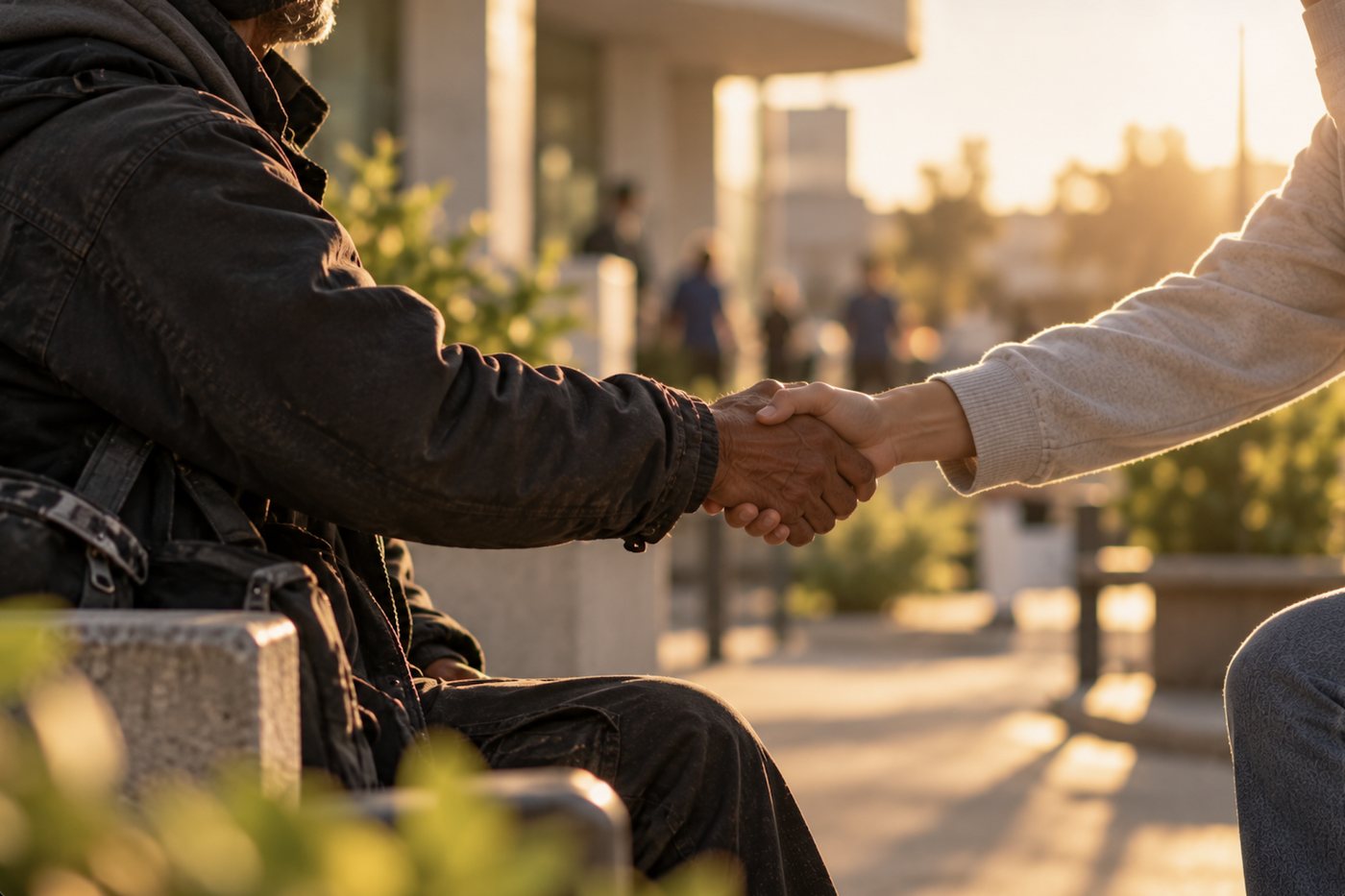 A handshake between a volunteer and a community member at sunset