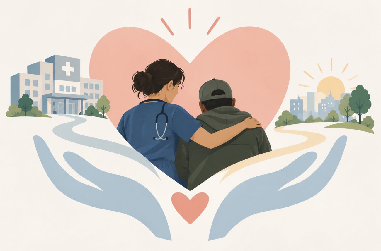 Illustration: a nurse with her arm around a patient, a path leading from the hospital back into the community